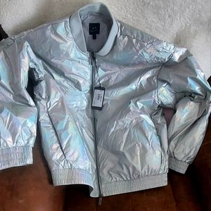 ❤️NWT Irridiscent hologram A/X  kined laminated nylon bomber jacket. L.